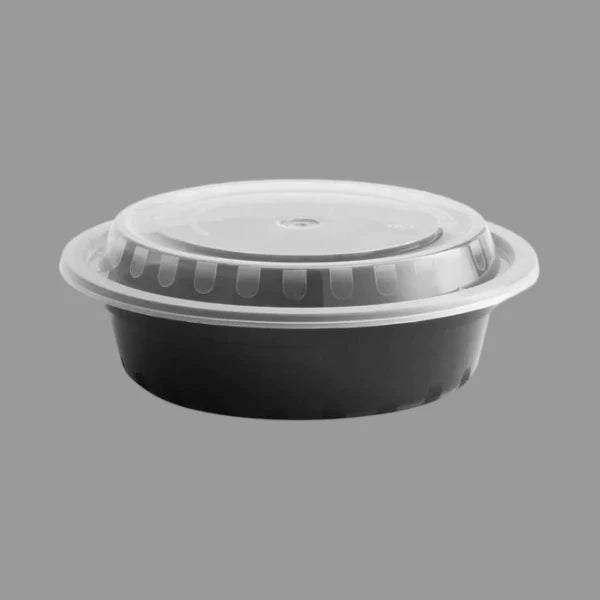 24 oz Round Black Container with Lids 150 pcs/case $28.99